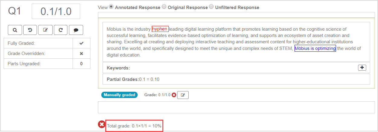The calculation and total of the question grade is highlighted.